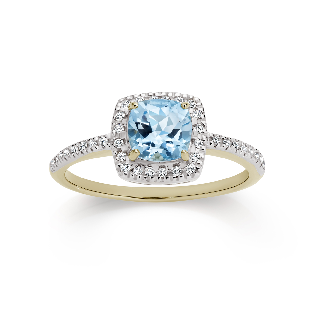 9Y blue topaz and 0.14ct diamond ring with cushion shape halo and diamond shoulders AU00739