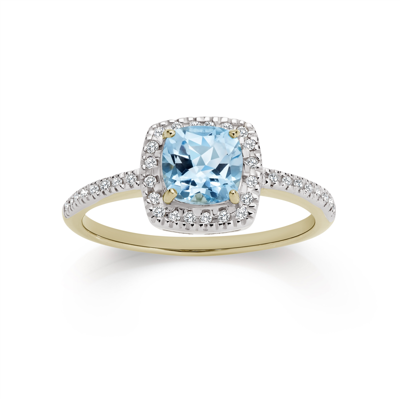 9Y blue topaz and 0.14ct diamond ring with cushion shape halo and diamond shoulders AU00739
