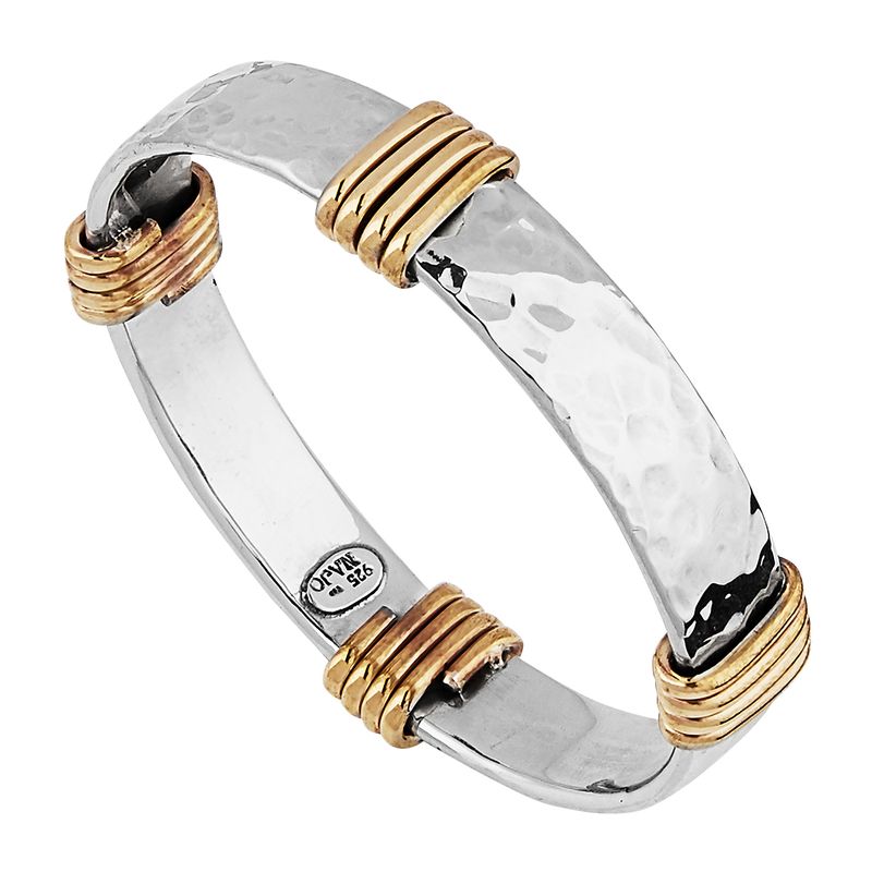12mm beaten silver rectangular tube bangle with 4 x tumbaga coils, 68mm inner diam B6130-68