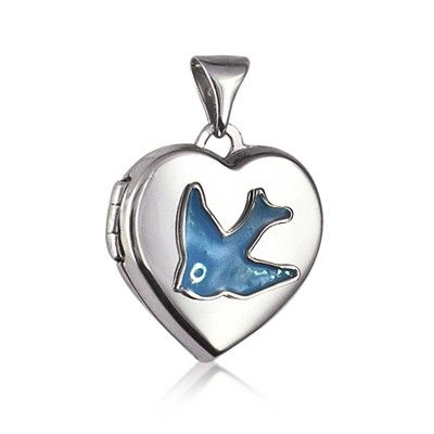SS 15MM HEART LOCKET ENAMEL BLUE BIRD L169BD
