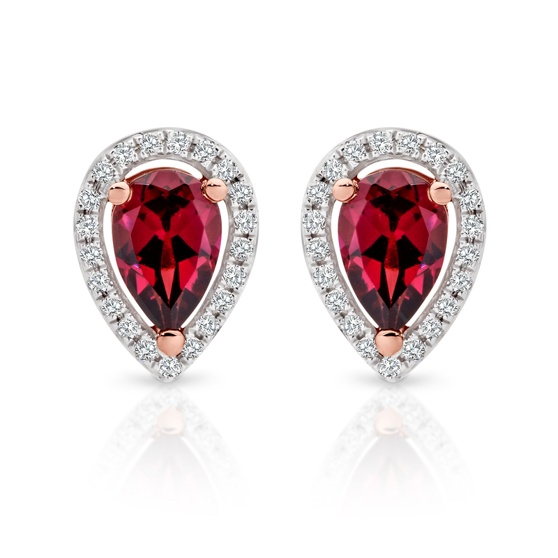 9R pear shape rhodolite garnet and diamond halo studs AU00357