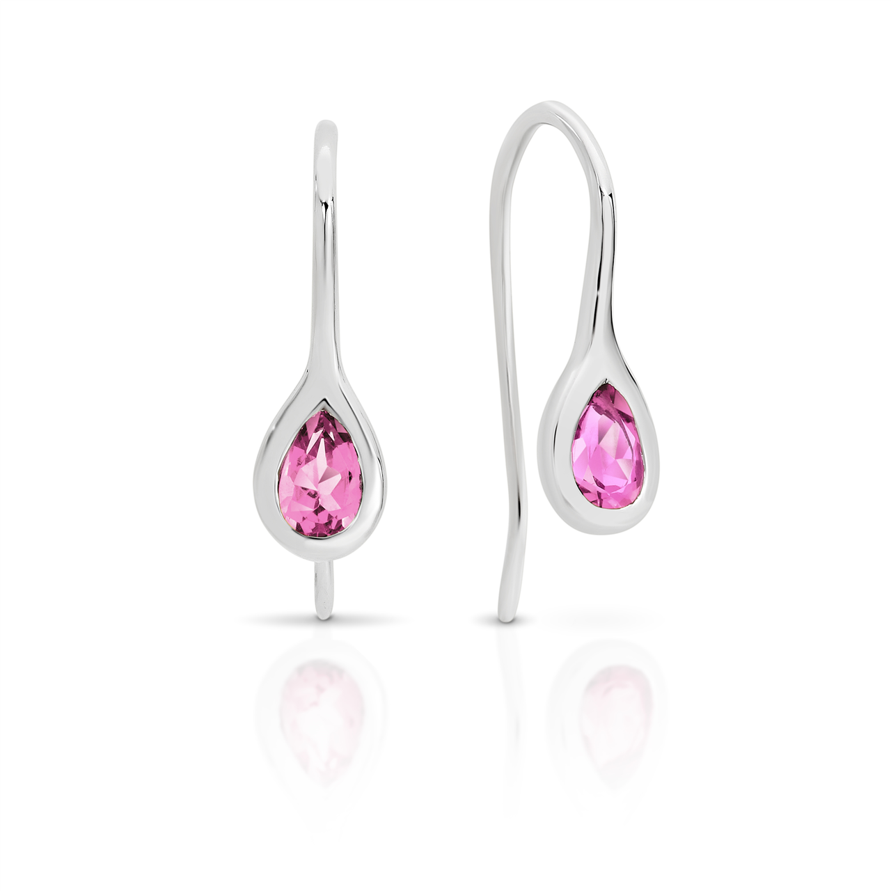 SS cr pink sapphire bezel set tear drop shepherd hook earrings AG01217