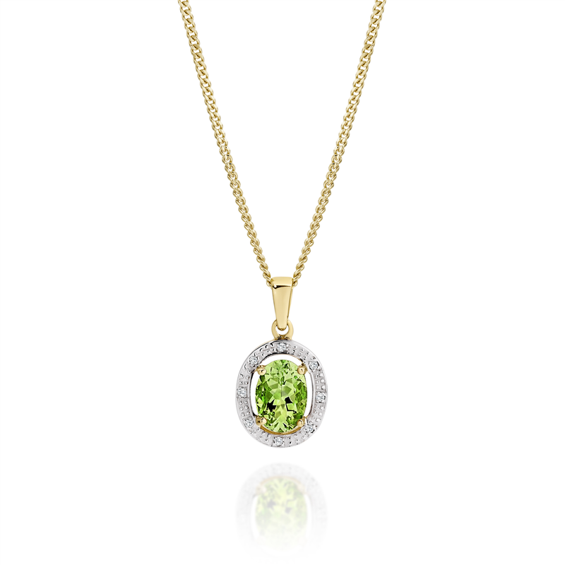 9Y oval claw set peridot and diamond halo pendant AU00376