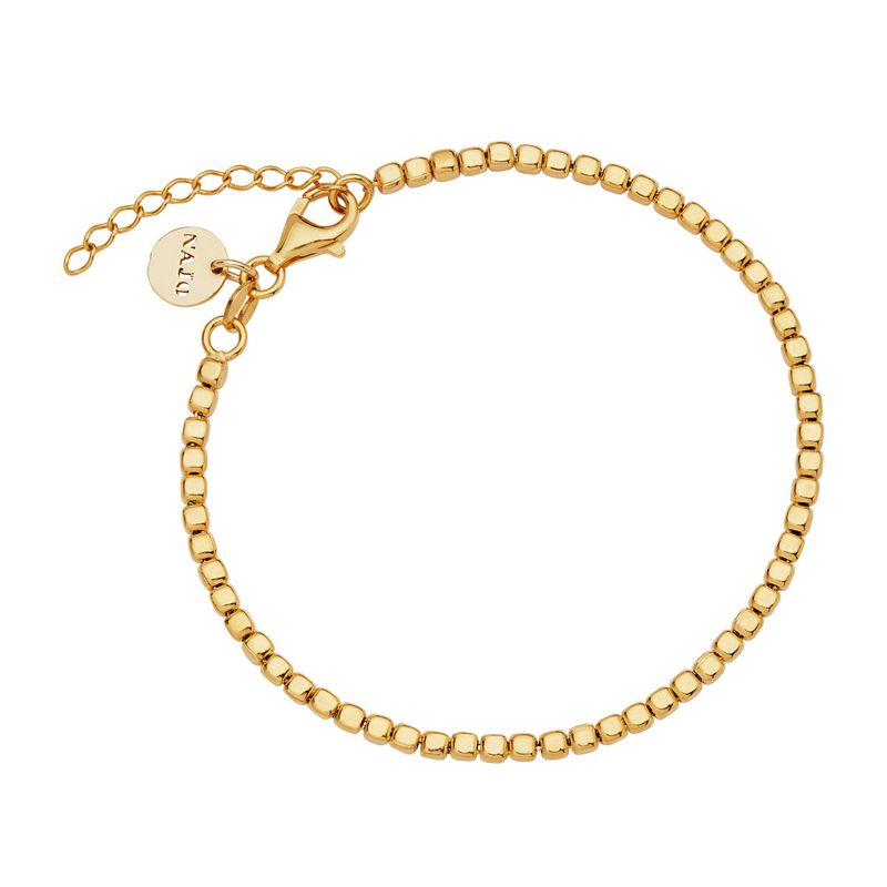 3mm yellow gold (14k 2mc) plated silver square beads threaded on chain bracelet, 18cm + ext, antitarnish B7389