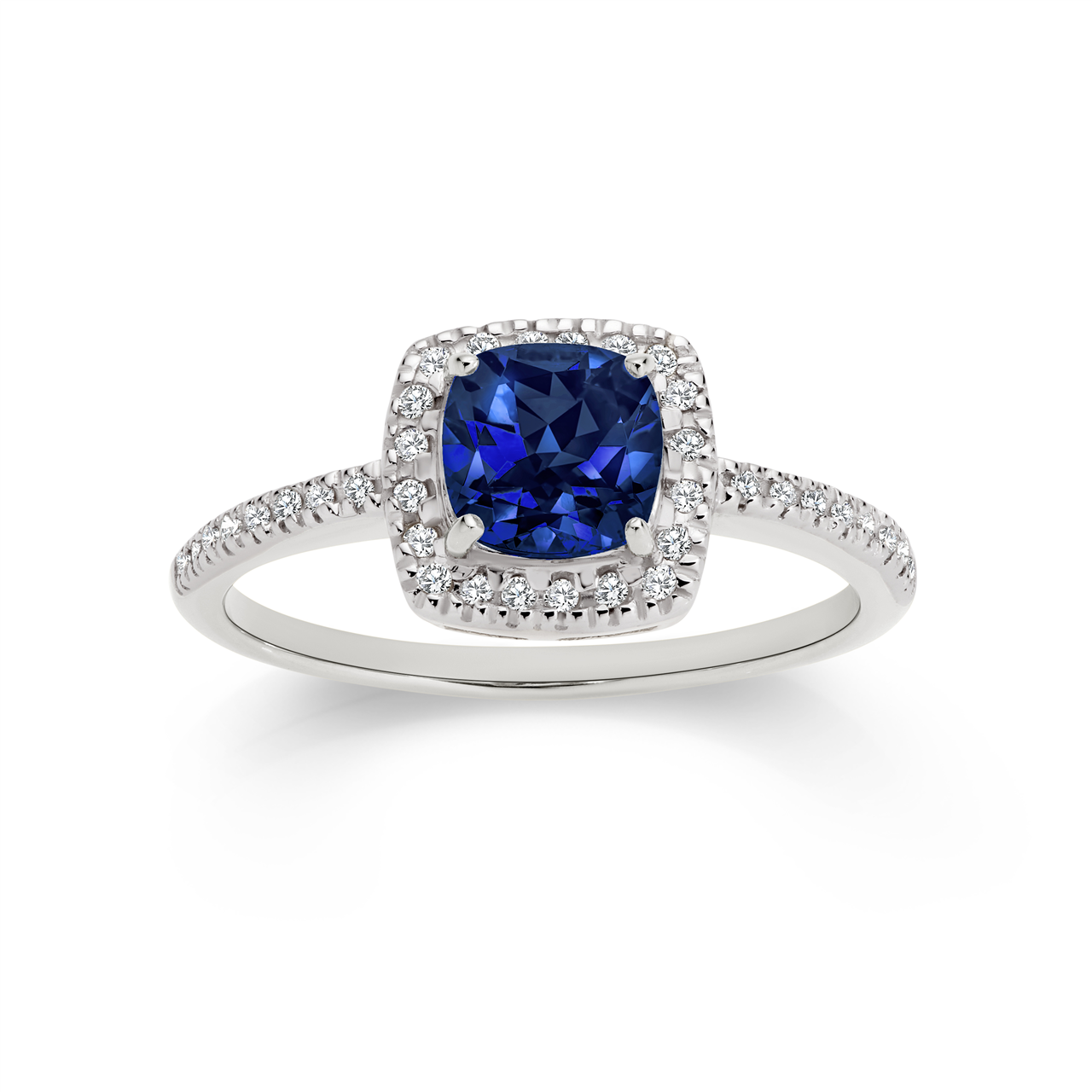 9W sapphire and 0.14ct diamond ring with cushion shape halo and diamond shoulders AU00732