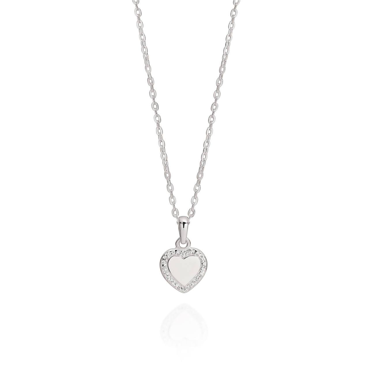 SS children&#39;s polished heart pendant with CZ border and 38cm chain AG00763