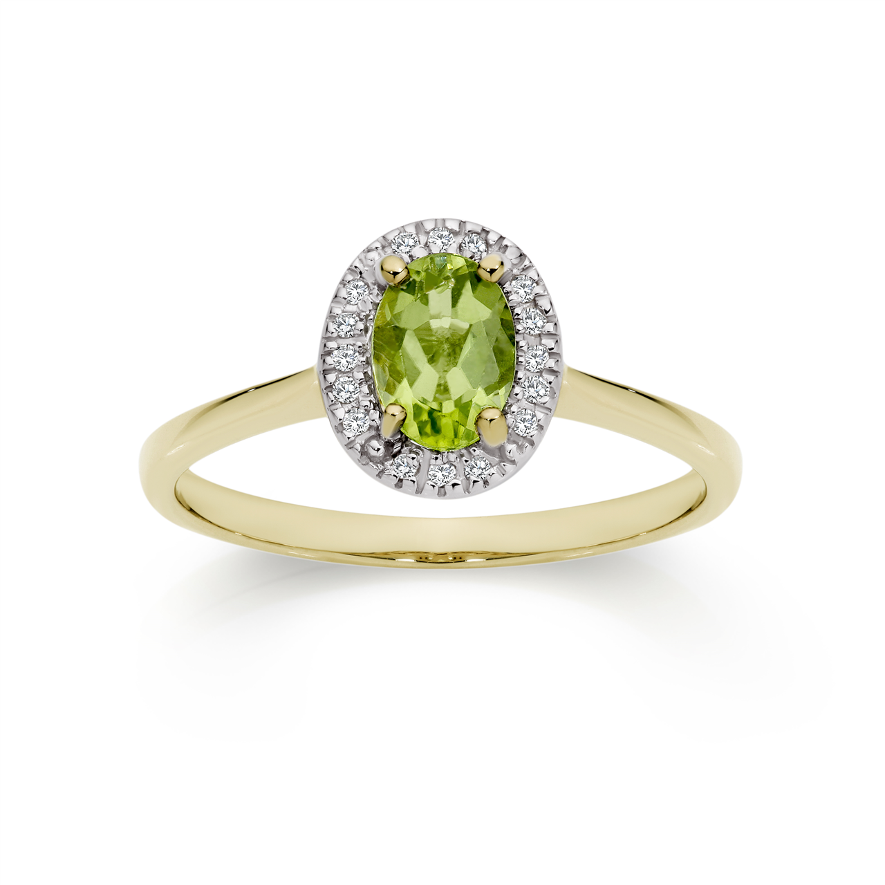 9Y claw set oval peridot and diamond halo ring TDW 0.06ct AU00377