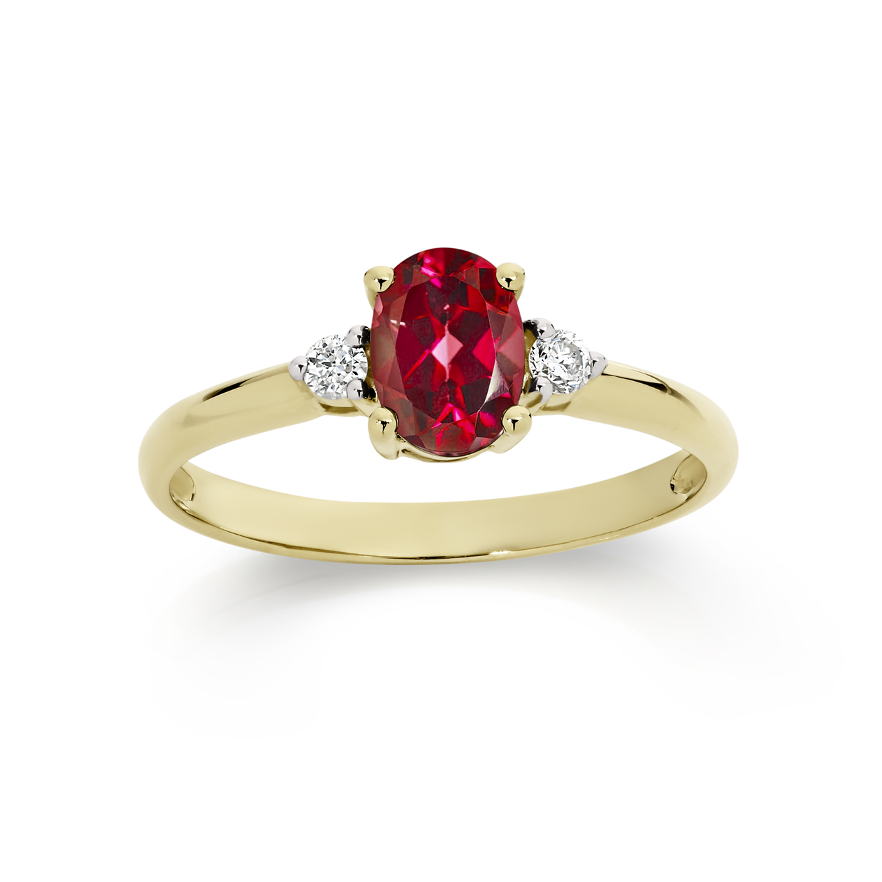 9Y claw set oval created ruby and diamond trilogy ring AU00350