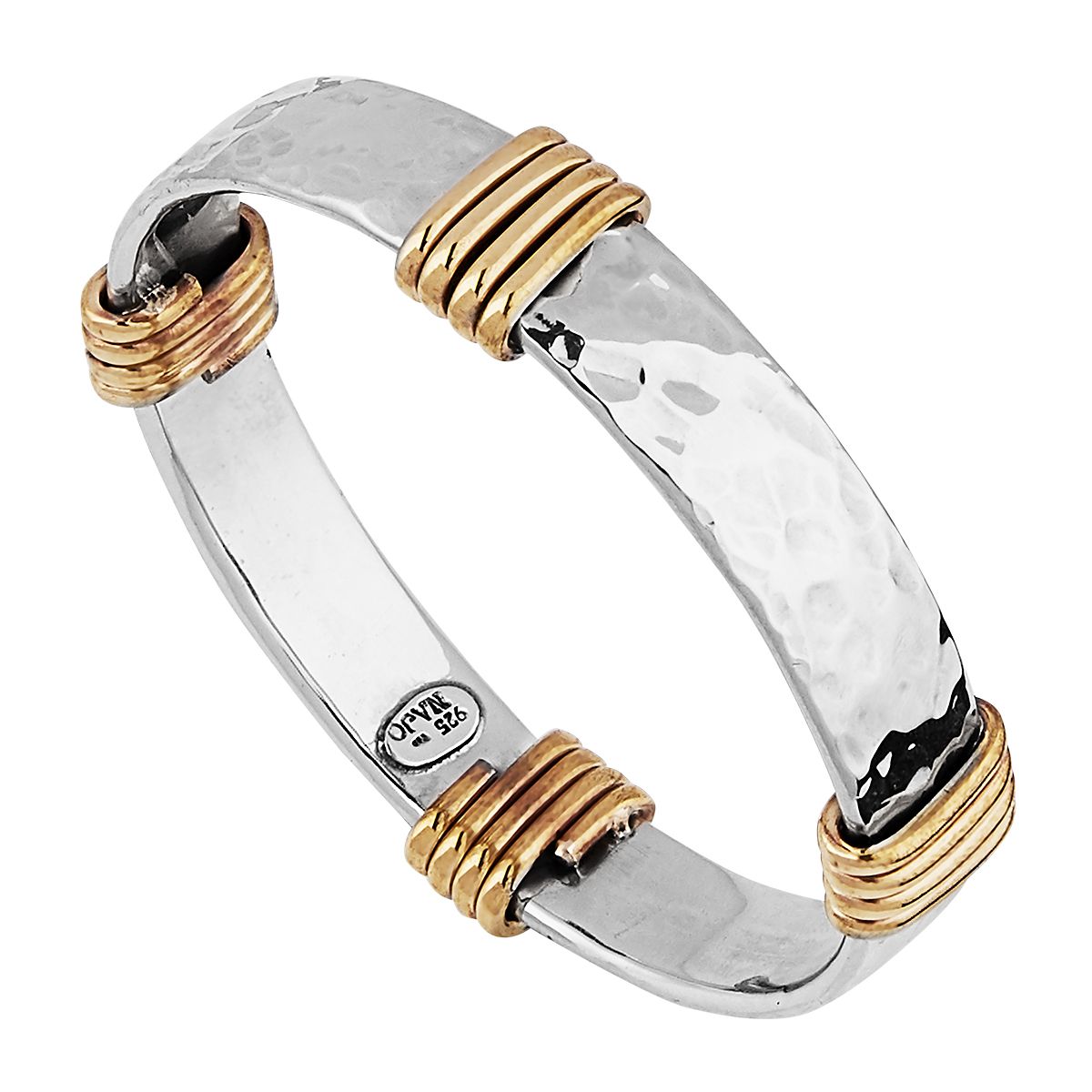 12mm beaten silver rectangular tube bangle with 4 x tumbaga coils, 64mm inner diam B6130-64