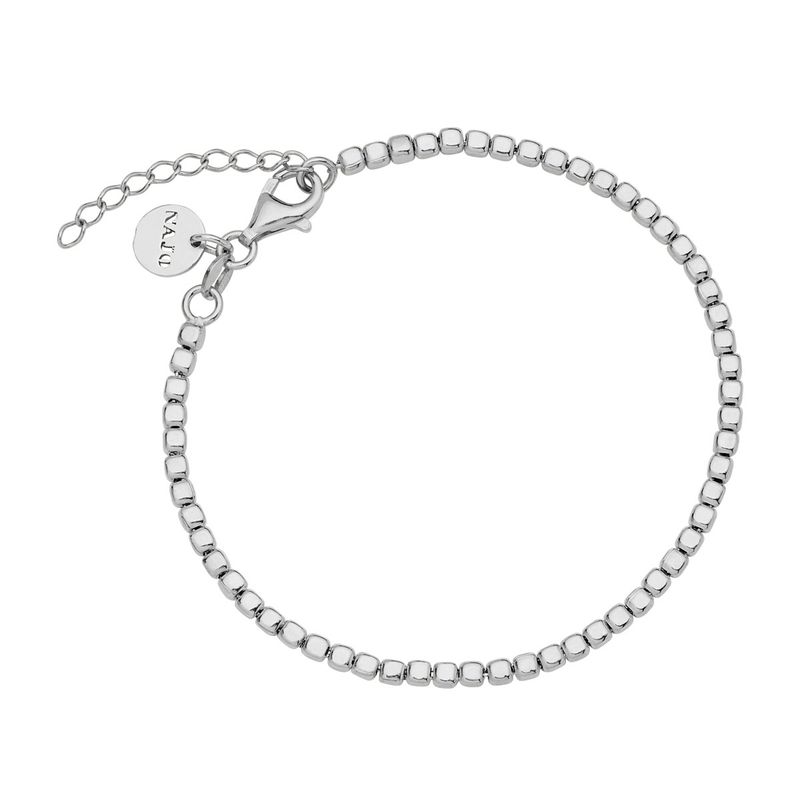 3mm silver square beads threaded on silver chain bracelet, 18cm + 3cm ext, antitarnish B7388