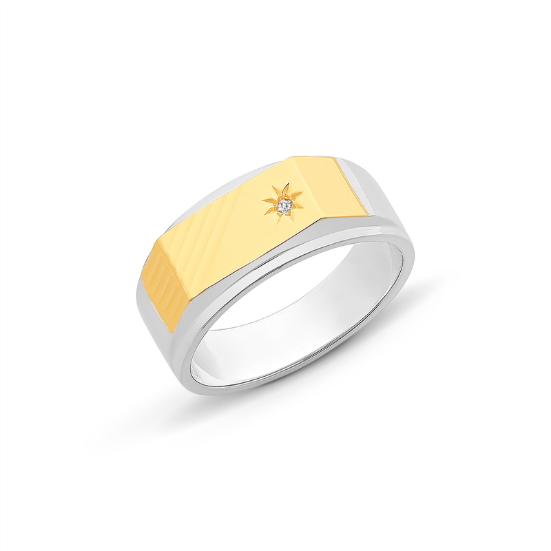 9ct Gold &amp; Sterling Silver Gents Ring With Diamond M3009
