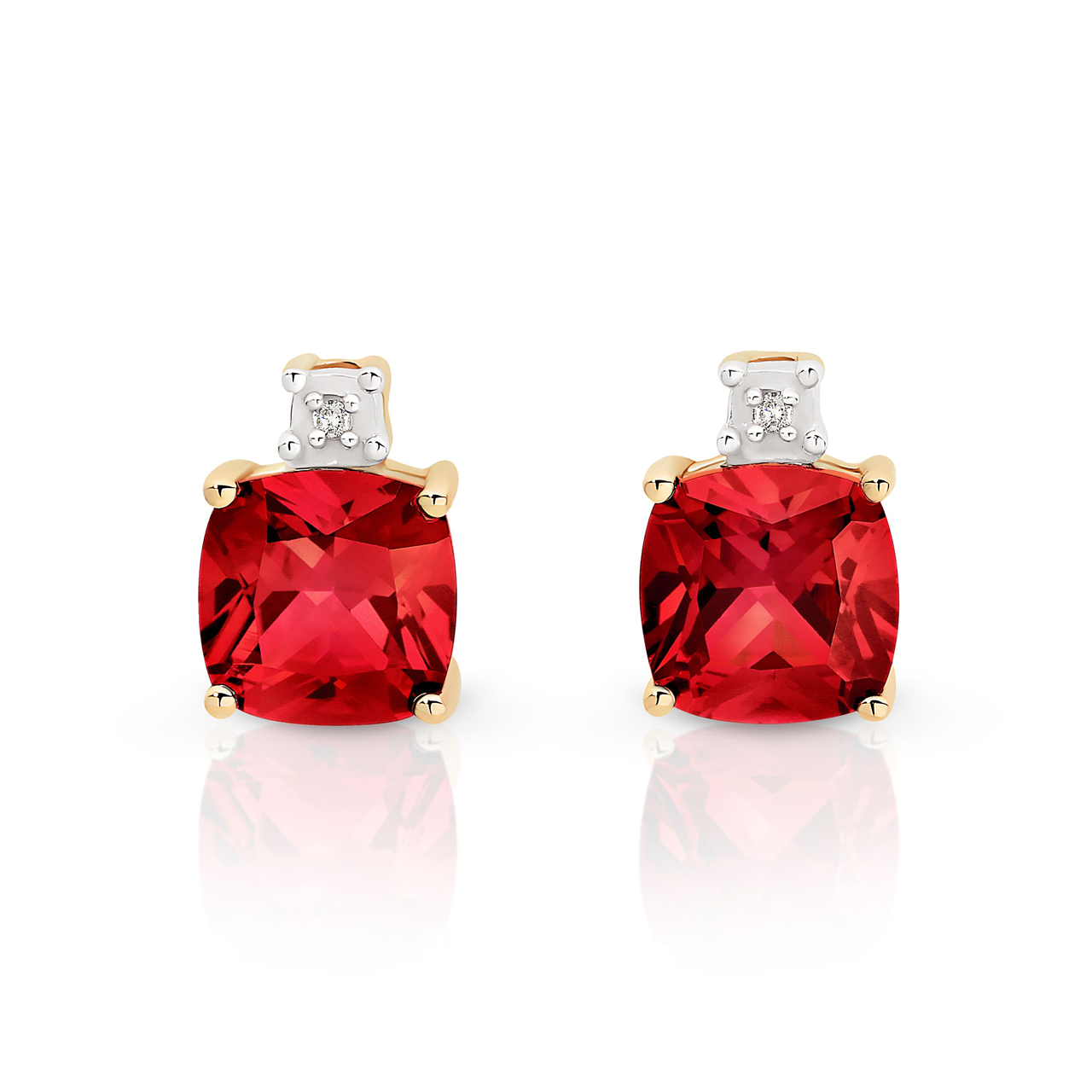 9Y claw set cushion shape created ruby and diamond studs AU00341