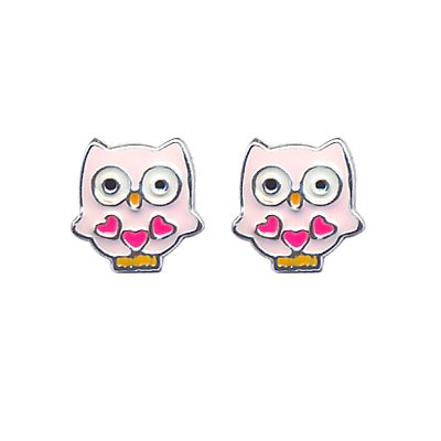 SS PINK ENAMEL OWL WITH HEARTS STUD SE1464