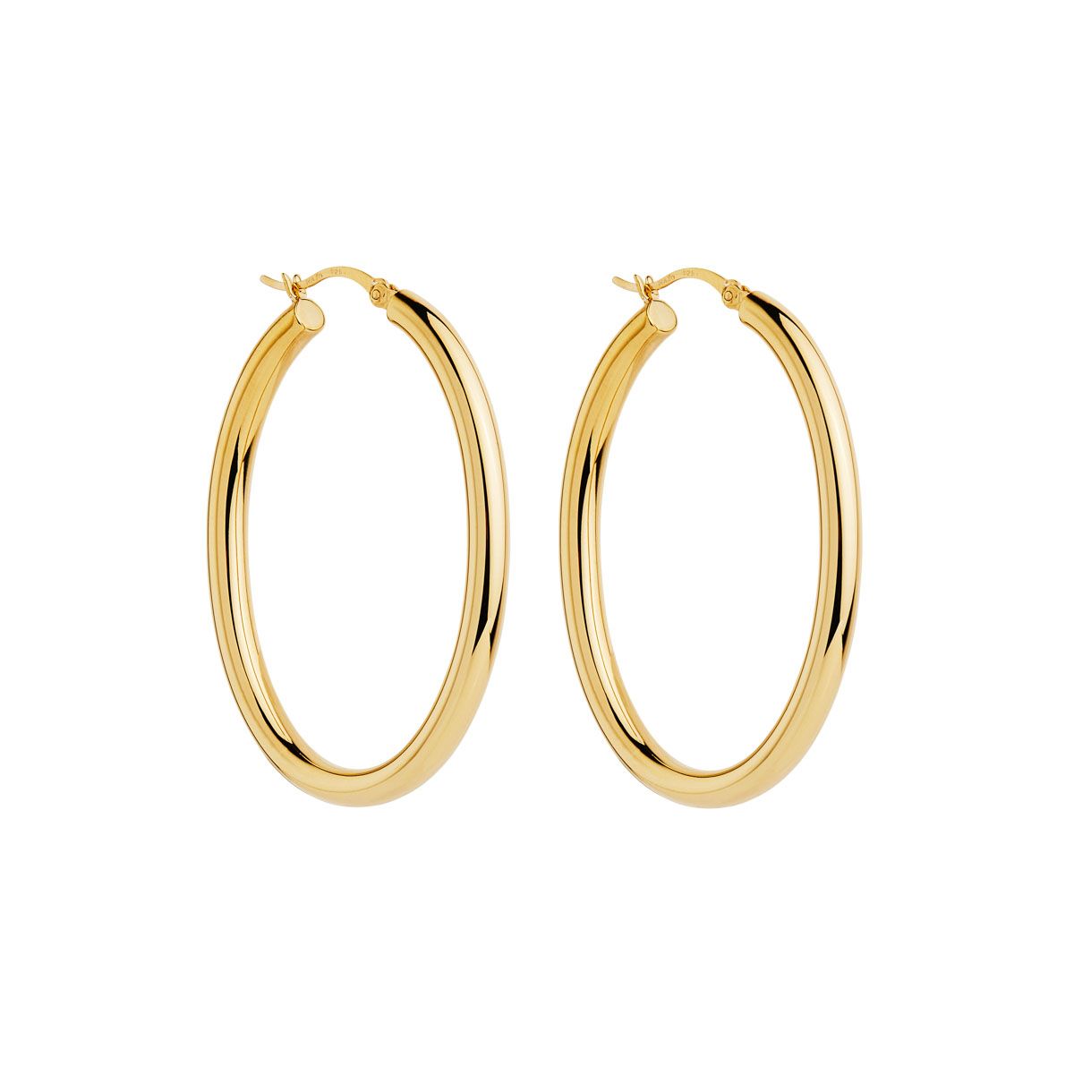 4x48mm yellow gold (14k 1mc) plated silver hollow-tube oval hoop earring with lever clasp, antitarnish E7223