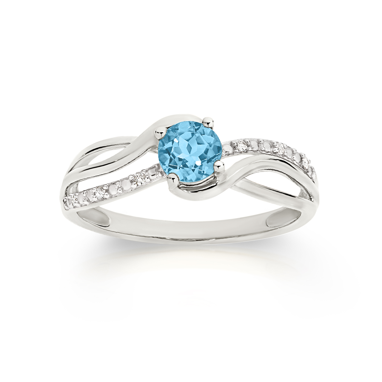 9W round blue topaz and diamond ring with crossover strand shoulders AU00327