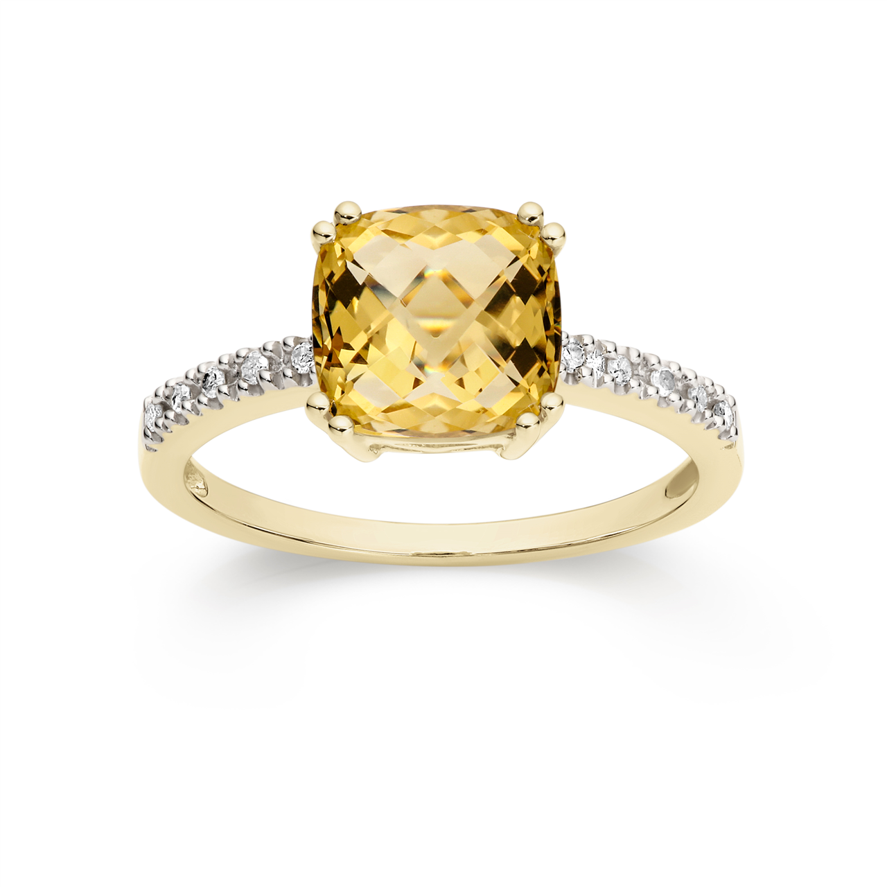 9Y 8mm cushion shape fancy cut citrine ring with pave diamond shoulders AU00731