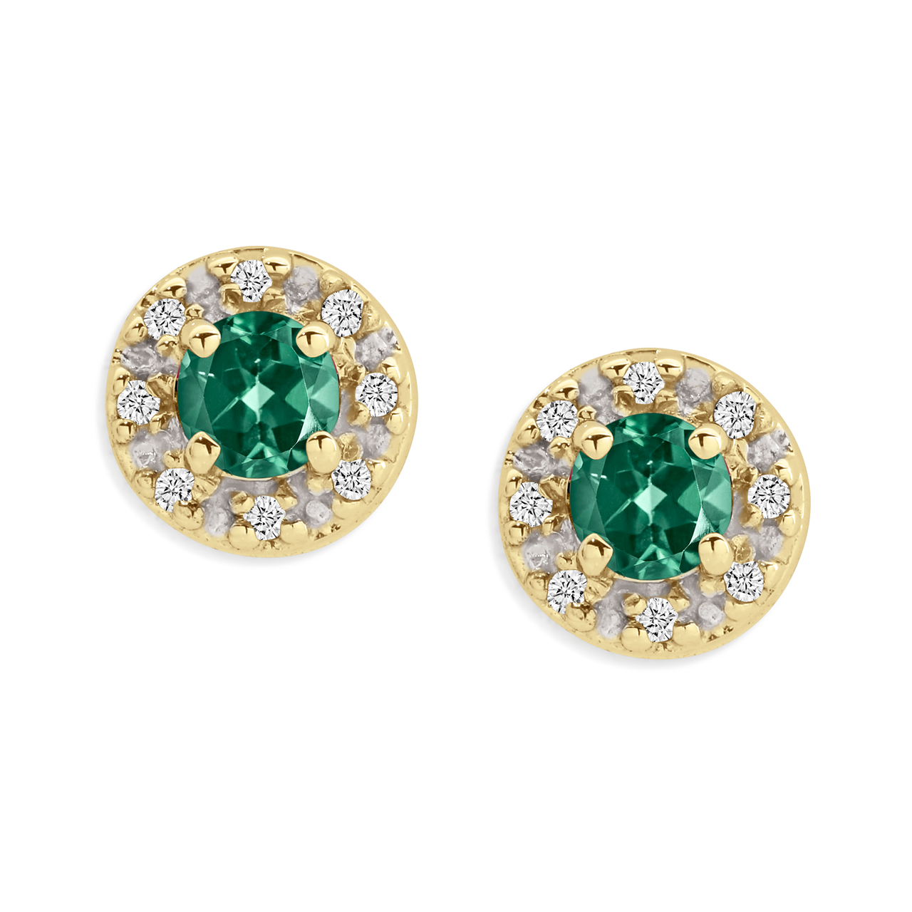 9Y round created emerald and diamond halo studs. TDW 0.06ct AU00332