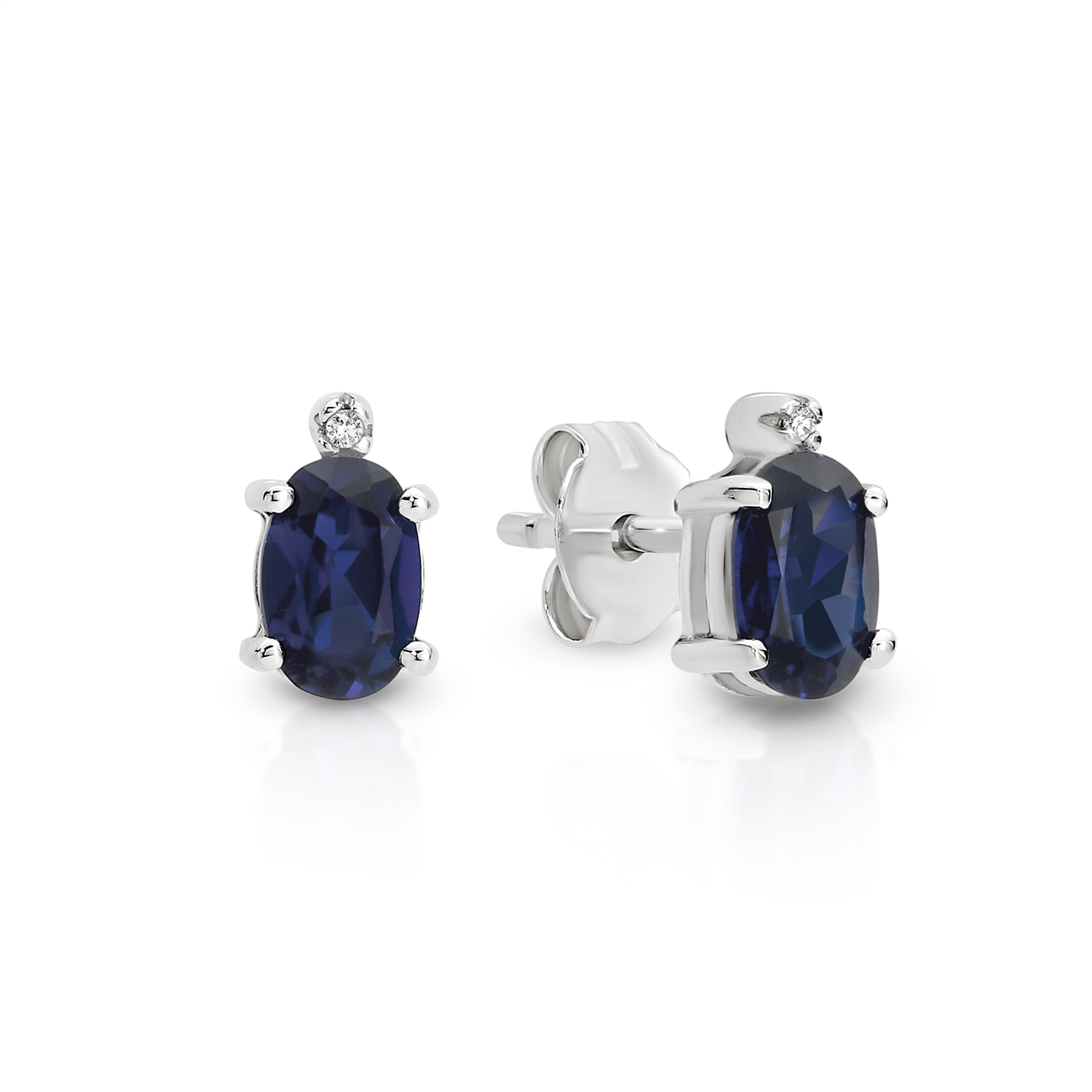SS cr sapphire claw set oval studs with diamond at top AG01207