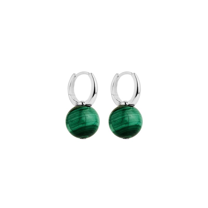 12x25mm, malachite ball bead attached to silver huggie earring, antitarnish E7263