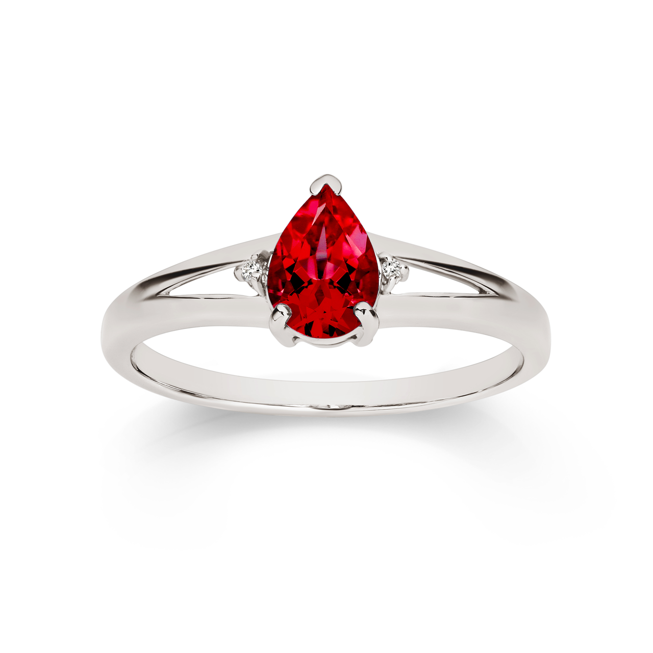 9ct White gold, pear shape created ruby ring with a diamond each side and a split shank AU00962