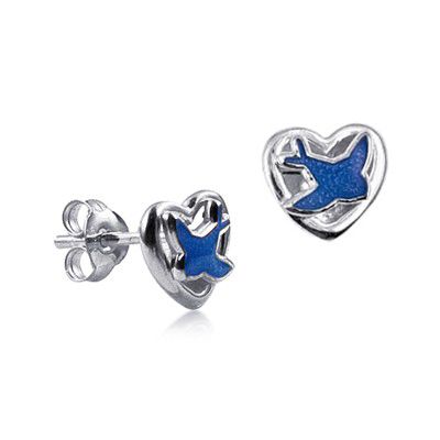 SS HEART STUDS WITH ENAMEL BLUE BIRDS SE575BD