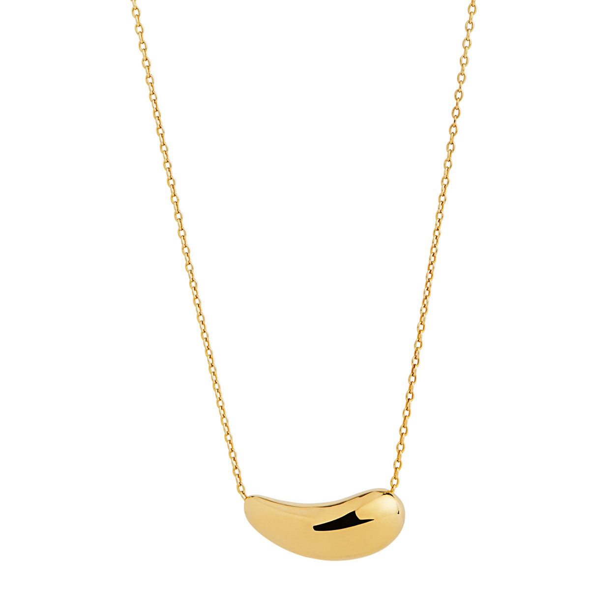 10x25mm yellow gold (14k 2mc) silver elongated bean shape pendant on 1mm link chain, 45cm +5cm ext, antitarnish N7301
