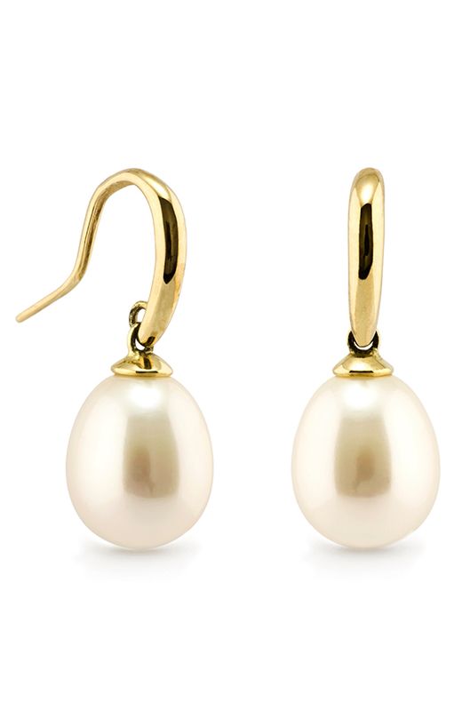 Faye Earrings - 9ct yg white drop FWP 10mm hooks Type:Freshwater Cultured Pearl/Colour:White/Shape:Drop/Size:10mm /Grade: AA/Metal:9ct Gold IP108YG