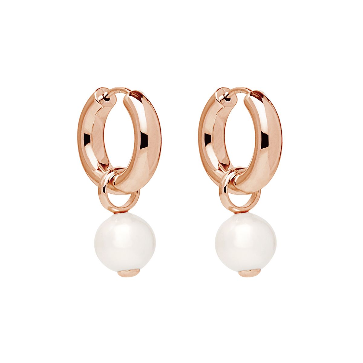 10-11mm freshwater white round, pearl charm on rose gold (14k 1mc) plated  silver 4x18mm huggie earring, antitarnish E6337