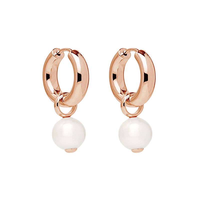 10-11mm freshwater white round, pearl charm on rose gold (14k 1mc) plated  silver 4x18mm huggie earring, antitarnish E6337