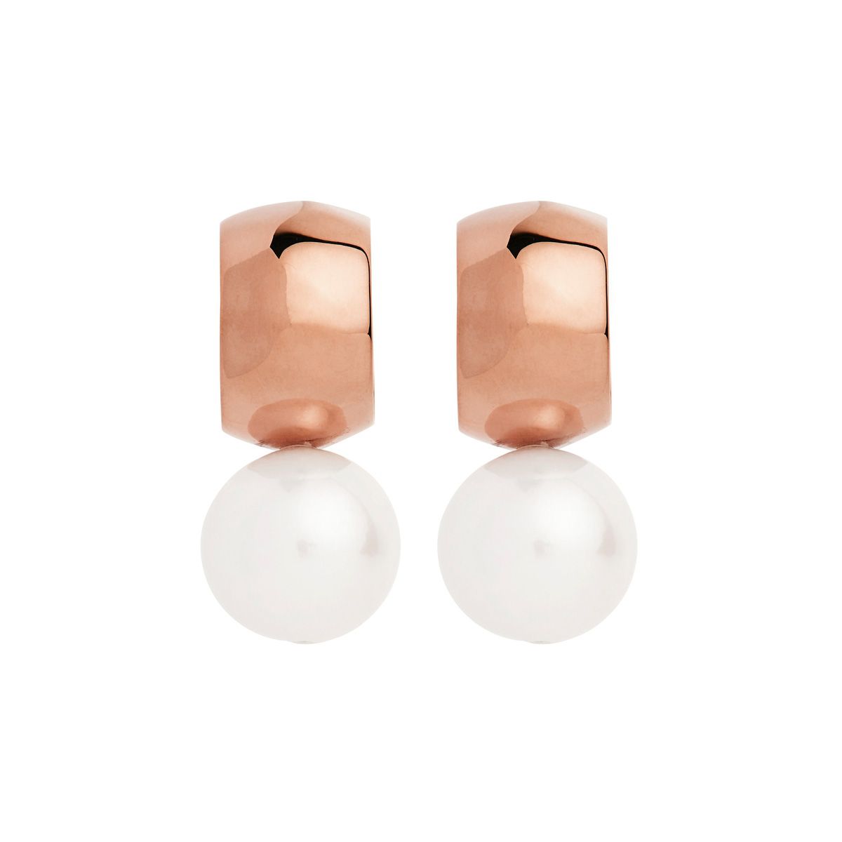 9-10mm white freshwater round white pearl on 8x13mm rose gold (14k 1mc) plated silver stud hoop, antitarnish E6906