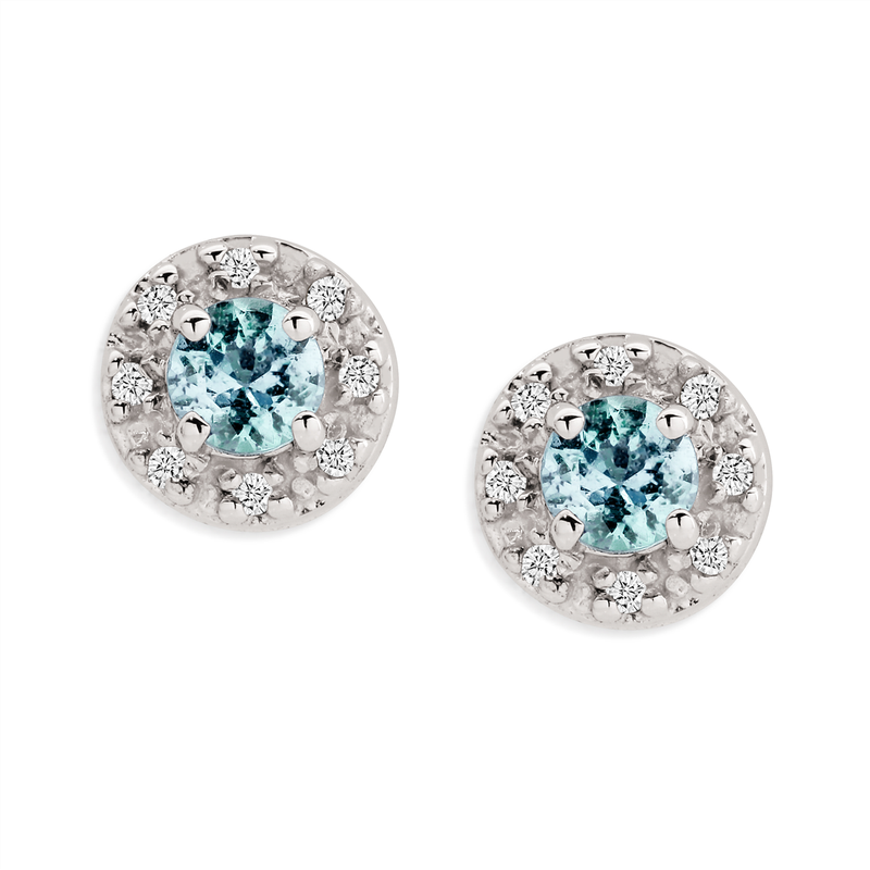9W round aquamarine and diamond halo studs. TDW 0.06ct AU00515