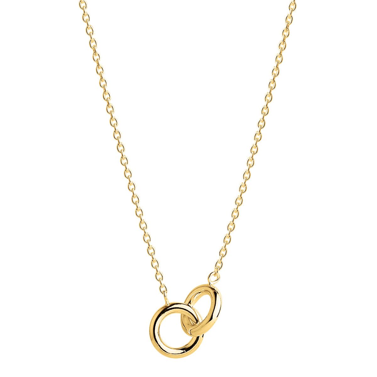 2 x interlocked, yell gold (14k 1mc) plated silver10mm rings attached to 1mm trace chain necklace, 42cm+ext N7043