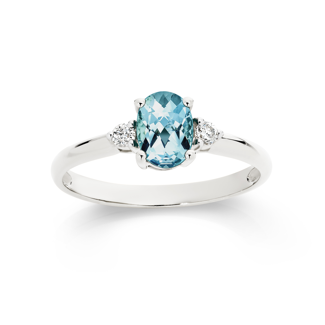 9W claw set oval aquamarine and diamond trilogy ring AU00519