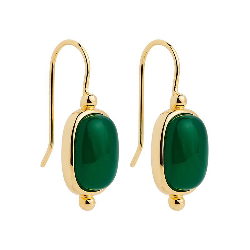 12x31mm, rectangular cabochon green onyx in yellow gold (14k 1mc) plated silver setting with fixed hook, antitarnish E7361