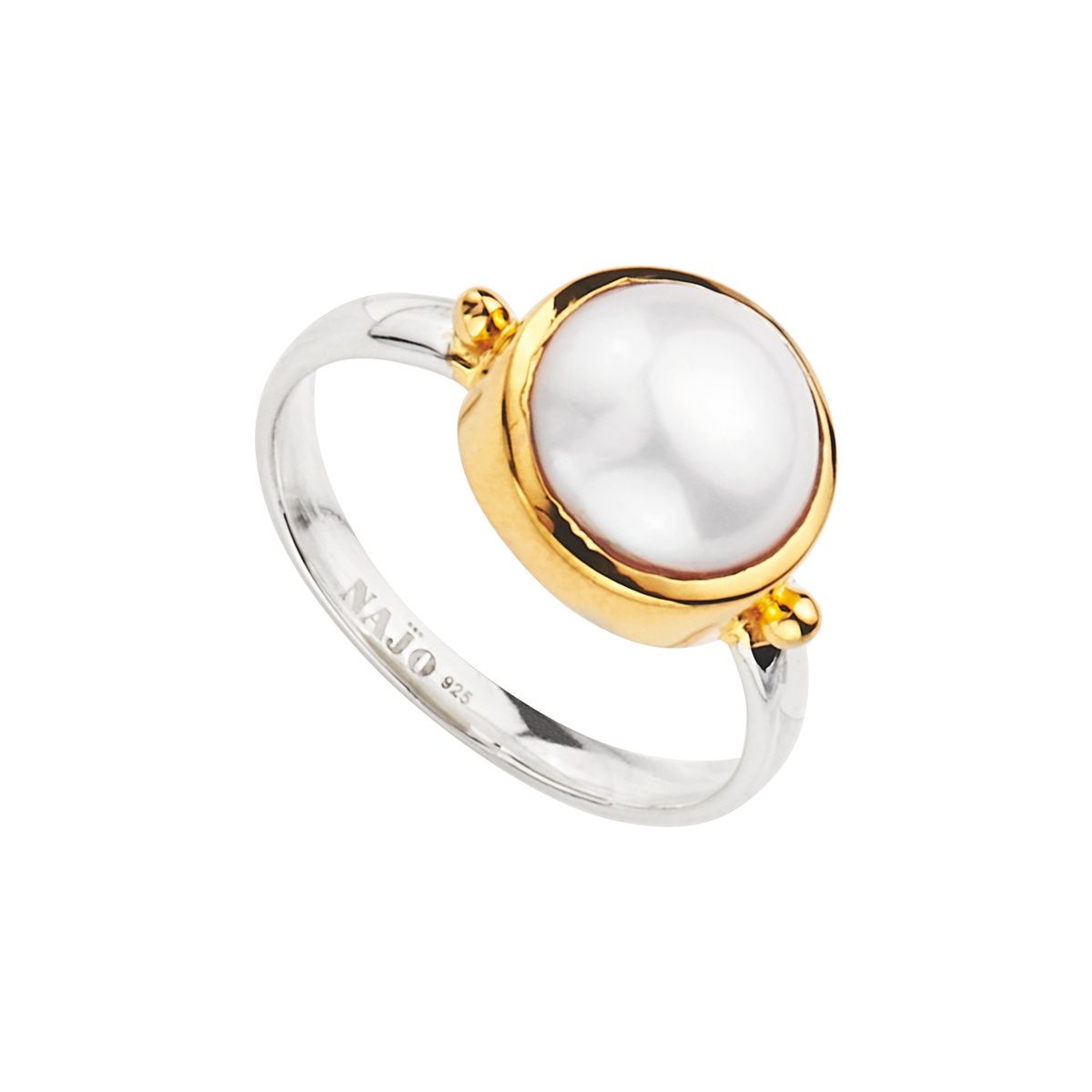 10mm f/w button pearl in yellow gold (14k 2mc) bezel on silver 3mm 1/2 round band LARGE (cannot resize) R6744L