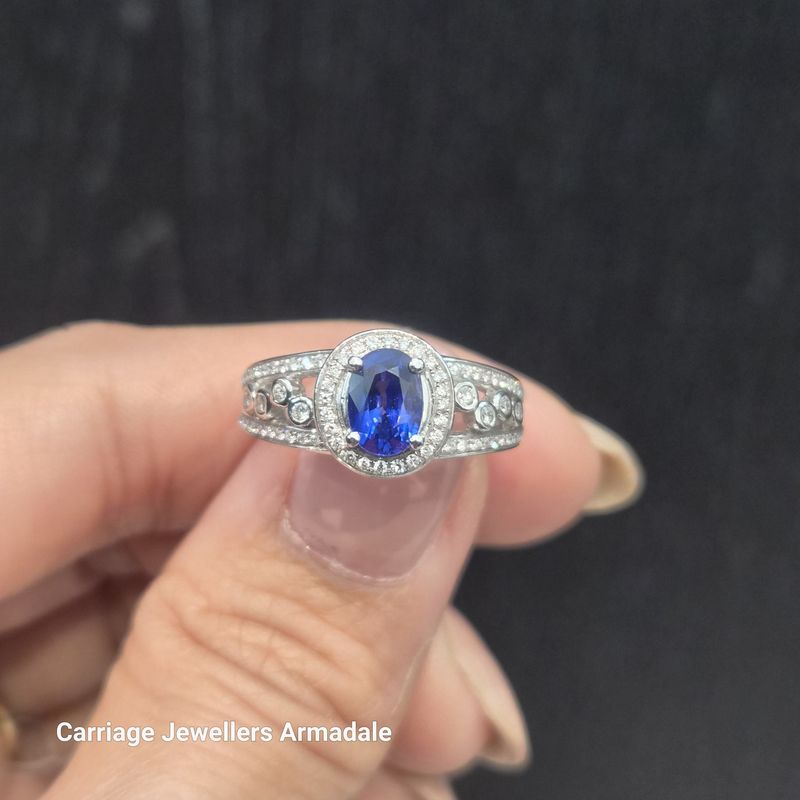 18ct White Gold Oval Sapphire With Diamond  Ring