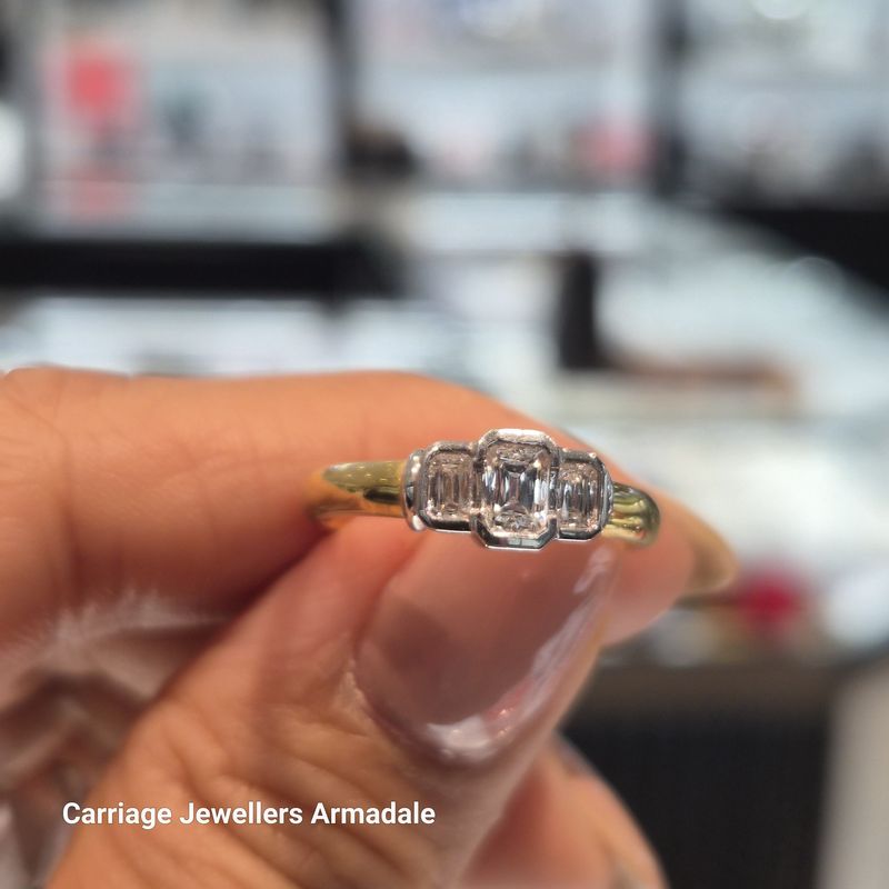 18ct Yellow Gold  Emerald Cut Diamond Trilogy Ring