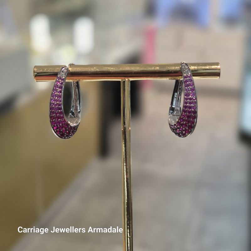 18ct White Gold Natural Ruby and Diamond Pave Drop Hoop Earrings