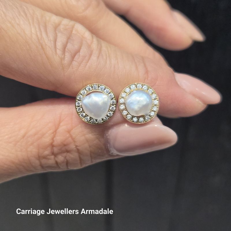 18ct Yellow Gold  Broome Keshi Pearl and  Diamond Studs