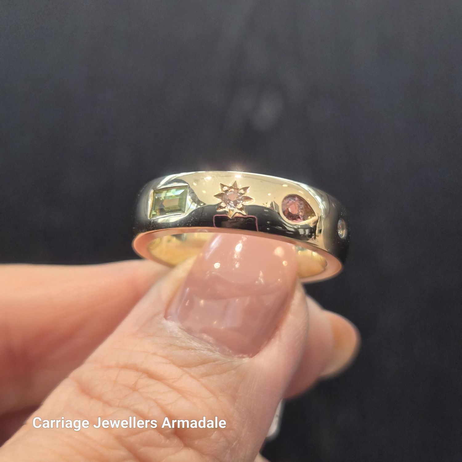 9ct Yellow Gold Multi-Stone Band: Morganite, Tourmaline, Peridot &amp; Topaz