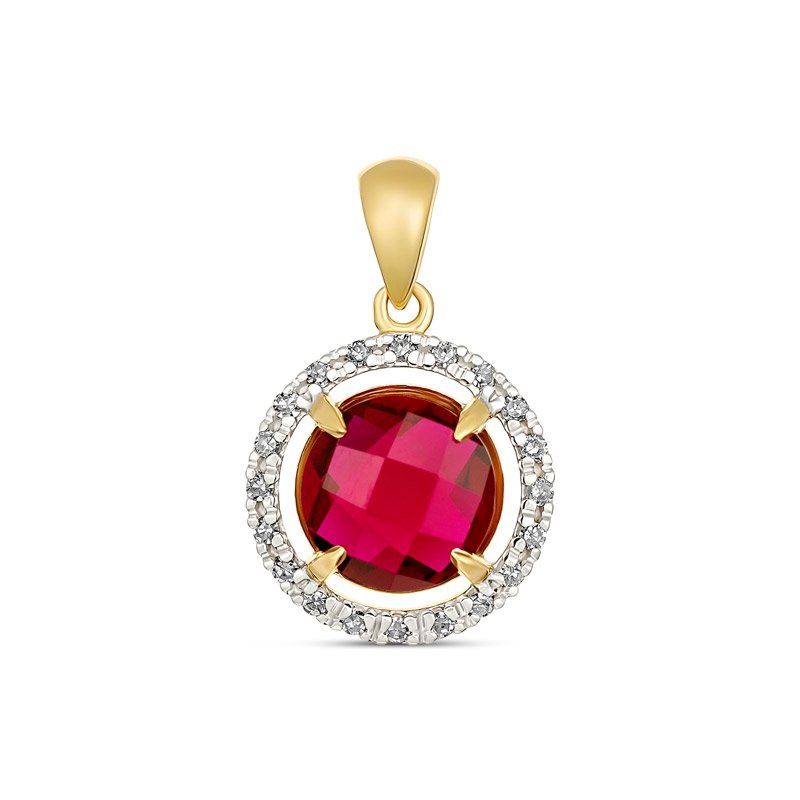 9KT YG 8MM ROUND CREATED RUBY AND DIAMOND PENDANT TDW0.005 P3008-CRDC