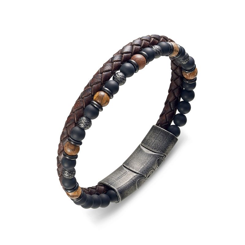 Blaze matte black agate   stone bead B/C w/antik brown leather brushed s/steel clasp SSBG365