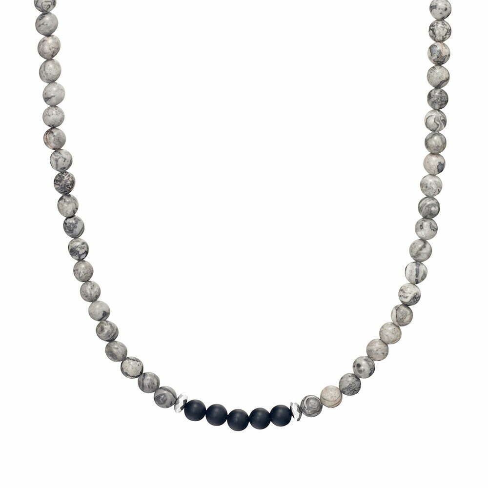 Blaze men’s grey and black onyx bead necklace with stainless steel lobster clasp SSN125