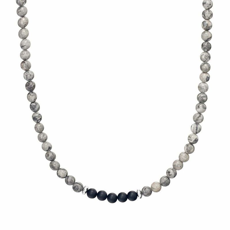 Blaze men’s grey and black onyx bead necklace with stainless steel lobster clasp SSN125