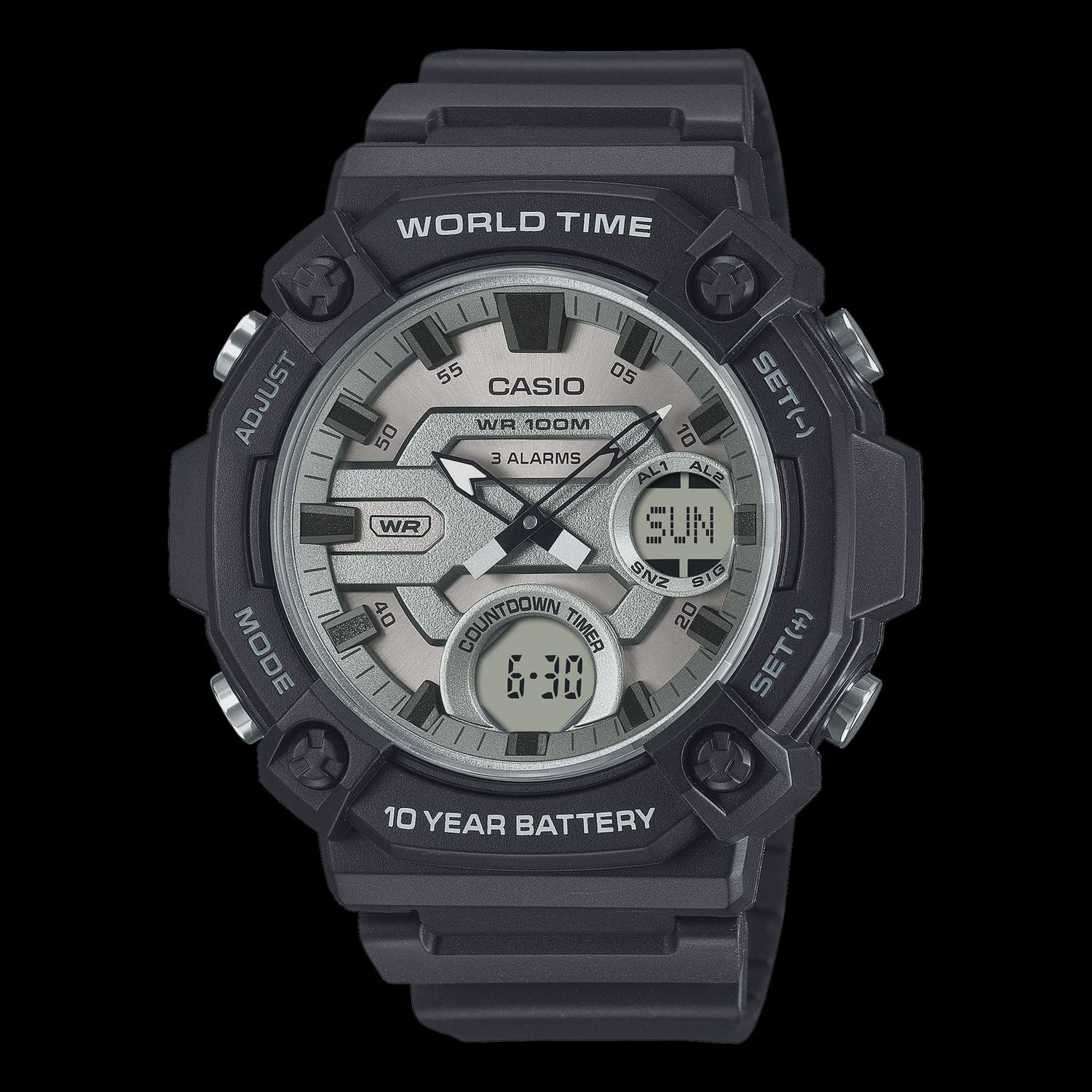 Casio Duo Monotone colour silver face,blk resin AEQ120W-7A