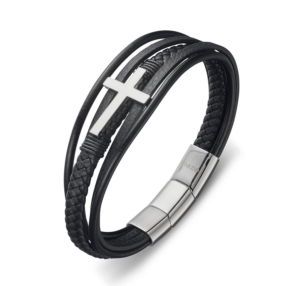 DPI - Blaze blk leather multi strand bangle w/ st steel cross + clasp 21.5cm + 1.5cm ext SSBG370-S