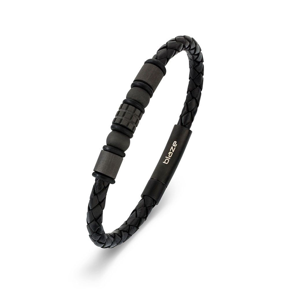 DPI - Blaze Stainless steel men's black leather bangle with carbon fibre beads OSSBG228