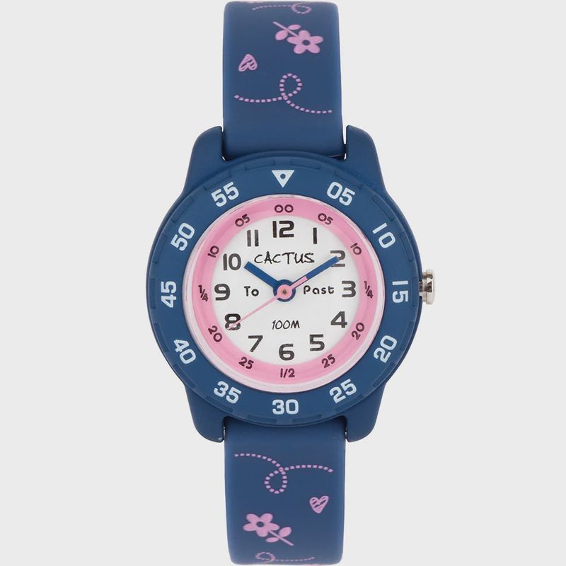 CAC-124-M04 flowers blue pink 100m water resistant time teacher watch with silicone band, Japan Y121F movement, ABS case 27mm width, blue with pink flowers. CAC-124-M04