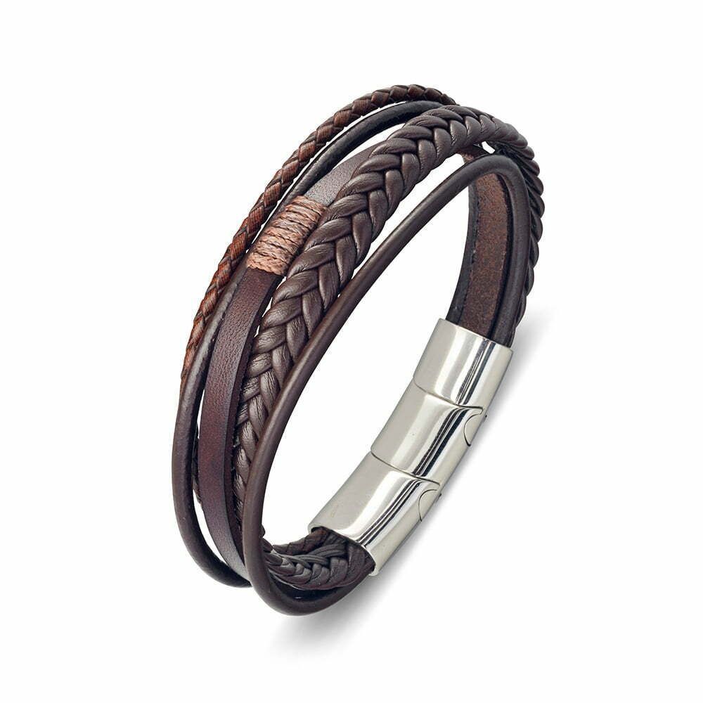 DPI - Blaze st. steel brown leather multi strand bangle W20mm 21.5cm+1.5cm ext w/ magnetic clasp SSBG342