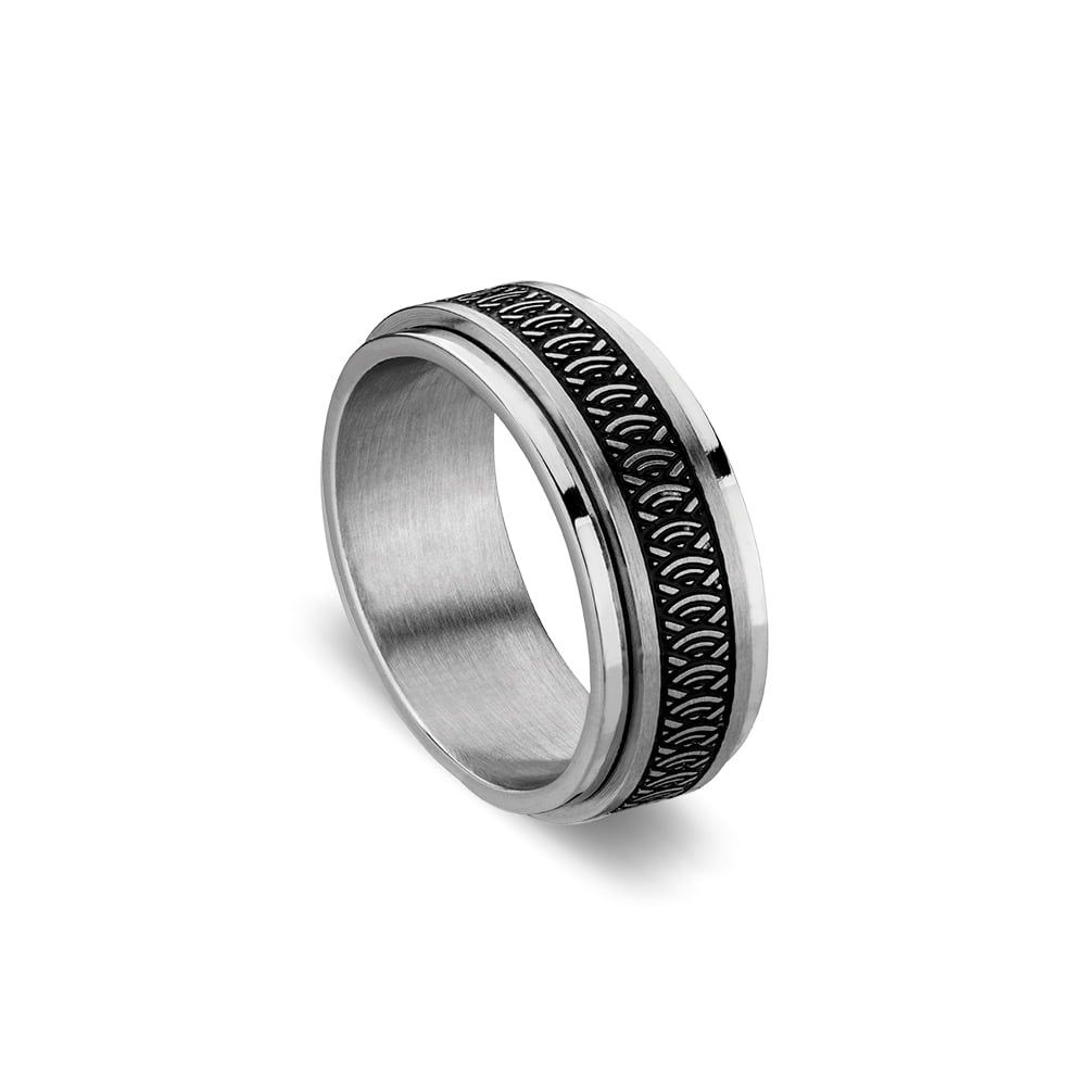 DPI - Blaze stainless steel spinner ring shiny silver with black pattern ring SSR210